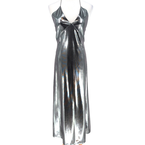 Zara Silver Liquid Metallic Maxi Slip Dress Glam Avant Garde Babydoll 90s Small - Picture 2 of 16